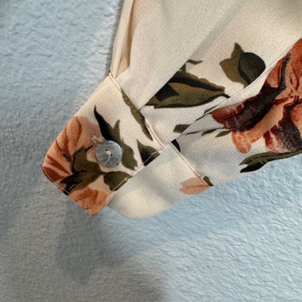 Le Caviar Sheer Floral Blouse M Beige Fall Cottagecore Button Front - Picture 9 of 14